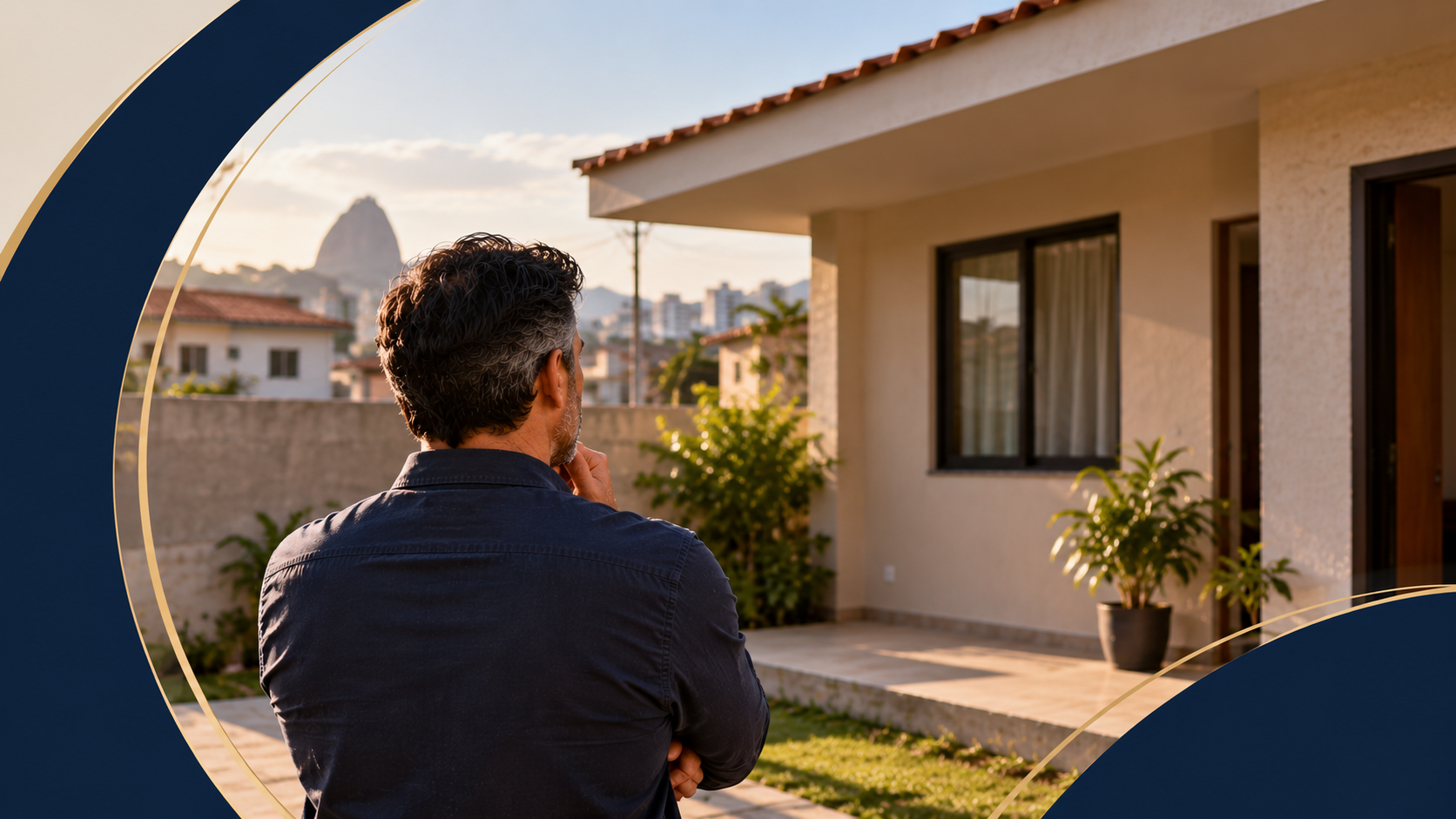 Homem observando uma casa de classe média, ilustrando os direitos de quem decide construir no terreno da sogra.