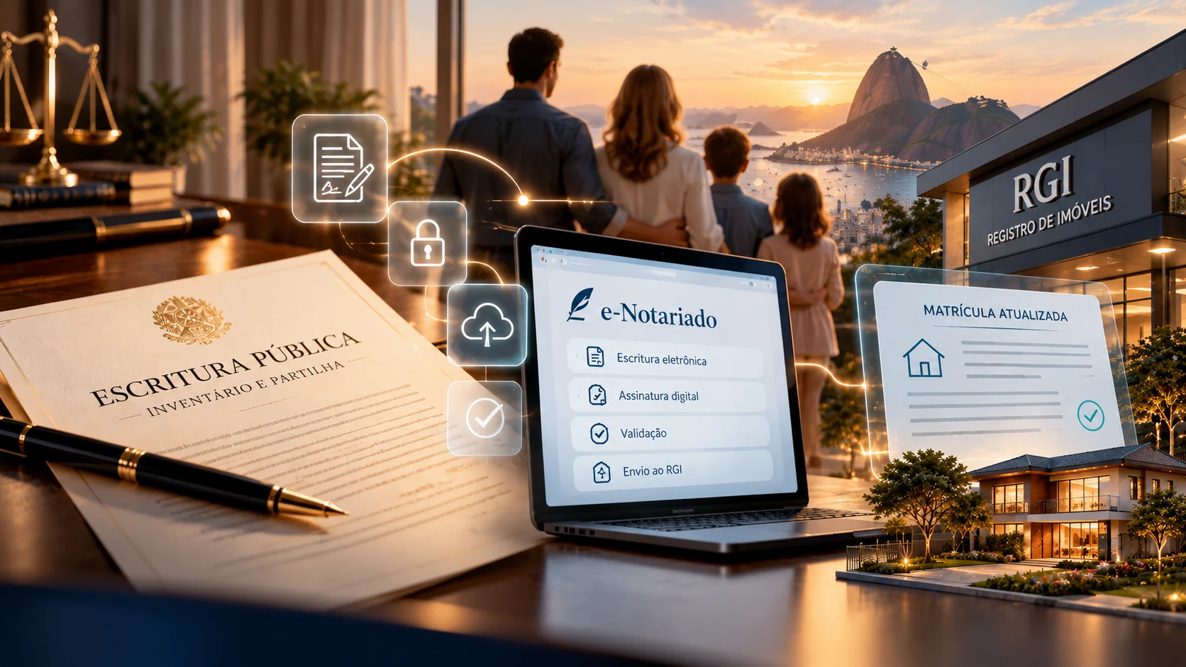 Quanto custa um inventário no RJ em 2026: ilustração de família, escritura pública, e-Notariado e registro de imóvel no RGI.